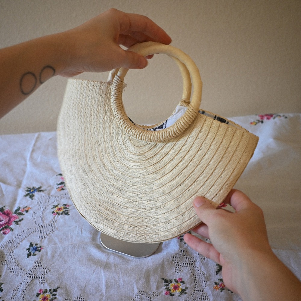 Cream Woven Round Handle Handbag Beige Straw Style Half Moon Bag